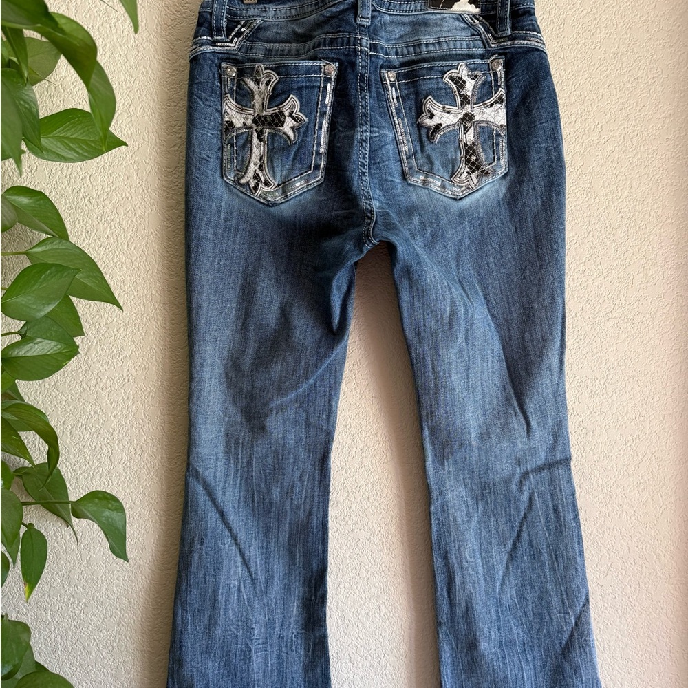 Miss Me Blue Jeans 31 with Cross Black and White Embroidery